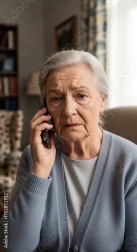 Sad senior caucasian woman talking on phone. Elderly female got financial scam call at home. Concept of fraud, deception, and theft vulnerability.