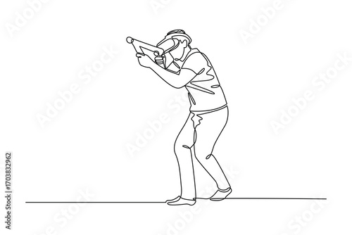 Continues line and simple line of person aiming with vr headset and controller Single line drawing vector graphic design illustration