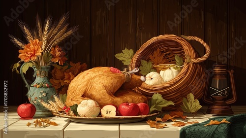 Thanksgiving Still - Life Composition with Roasted Turkey, Wicker Basket, Autumn Flowers, and Lantern