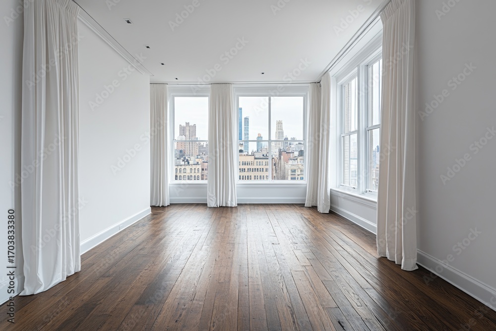 Fototapeta premium Bright empty room with city view during the day