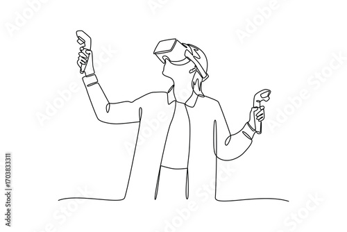 Continues line and simple line of A woman enjoying playing virtual reality. Single line drawing vector graphic design illustration