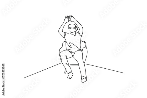 Continues line and simple line of boy wearing vr headset raising hands Single line drawing vector graphic design illustration