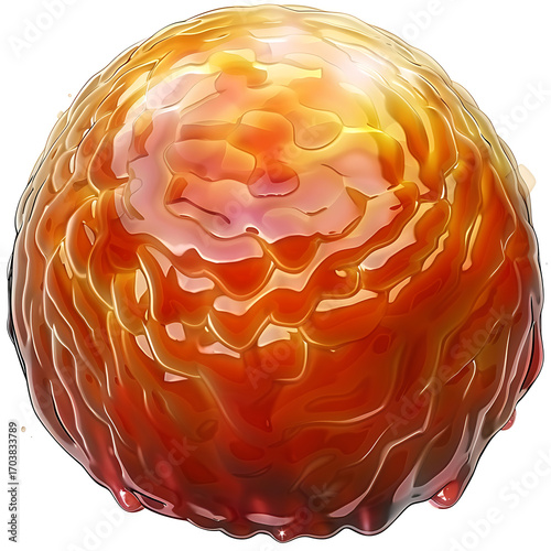 A glossy, translucent sphere with swirling orange and red patterns resembling molten lava or a fiery orb.