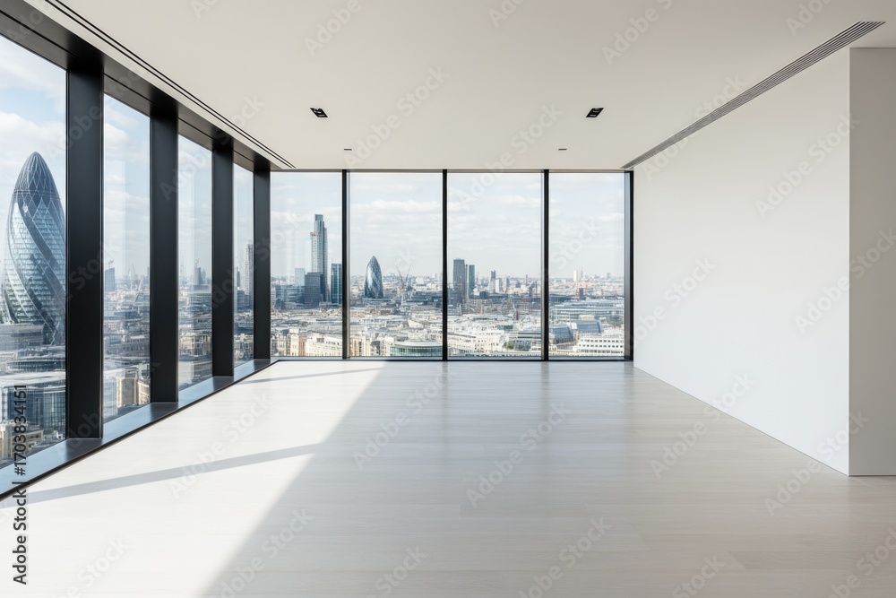 Fototapeta premium Modern office interior with city skyline view