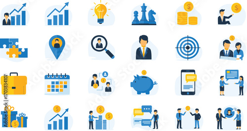 Business icon set, strategy, finance, teamwork, presentation, growth, leadership, communication, planning, vector illustration, flat design, colorful style
