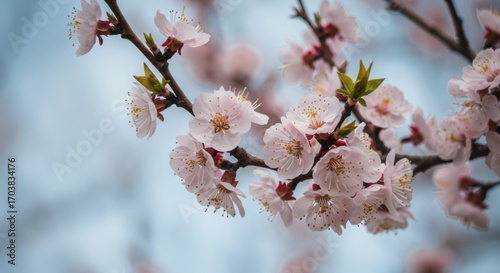 Cherry blossom branches with pink flowers against a blue sky  