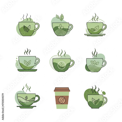 Minimalist Green Tea and Coffee Cup Vector Icons with Leaf and Steam Design
Set of minimalist vector icons of green tea and coffee cups, decorated with leaves, steam, and nature-inspired shapes