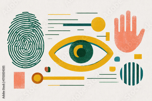 Eye fingerprint hand abstract geometric minimal colorful graphic modern identity. Abstract minimal graphic featuring eye fingerprint and hand with geometric shapes green yellow and orange