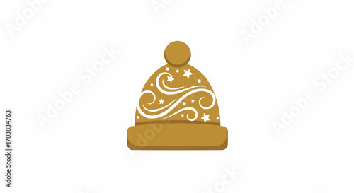 Golden knitted hat with decorative swirls and stars  