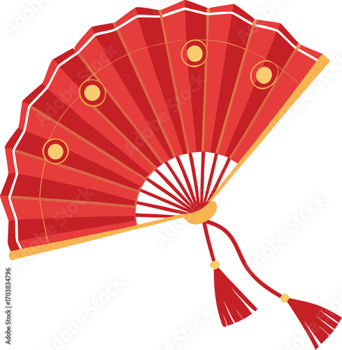 Ornate red and gold oriental fan with tassels traditional