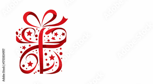 Decorative red gift box with stars and ribbon on white background  
