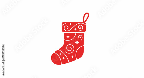 Red Christmas stocking decorated with swirls and stars  