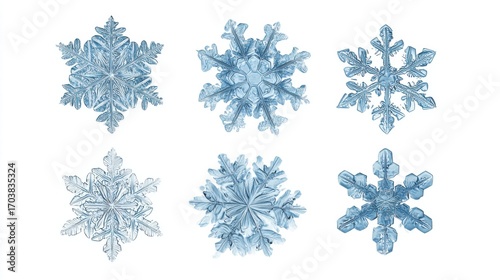 Delicate snowflakes with intricate designs showcase the beauty of winter. Each unique shape glistens with varying shades of blue against a stark white background.