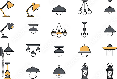 Vector Set of Modern and Vintage Lamp Icons – Home Lighting, Ceiling, Wall, and Table Lamp Design Illustrations