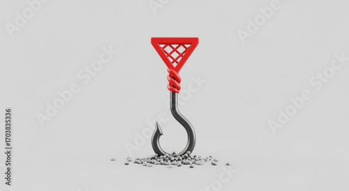 Tempting red bait on a sharp fishing hook lures with tiny grey stones, symbolizing attraction, opportunity, and the allure of the unknown in a clean, modern concept.