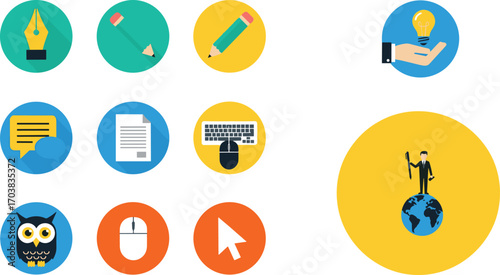 Creative icon set, writing tools, communication, education, technology, globe, owl, cursor, vector illustration, flat design, colorful circular concept