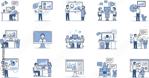 Office scene illustration set, business teamwork, data presentation, meeting, collaboration, charts, speech bubbles, vector design, flat style, blue concept