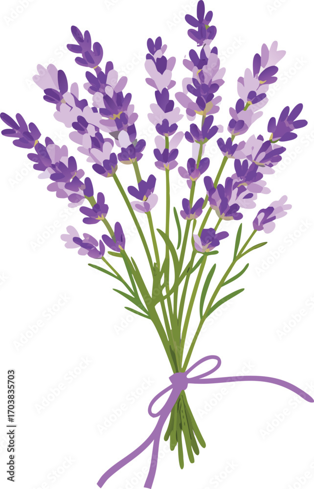 Naklejka premium Purple lavender bouquet tied with ribbon green stems