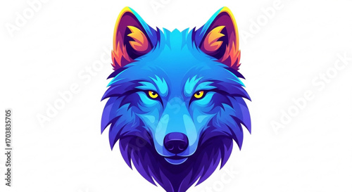 Intense blue wolf portrait with vibrant, electric hues and piercing yellow eyes, perfect for striking modern designs and powerful brand identities.