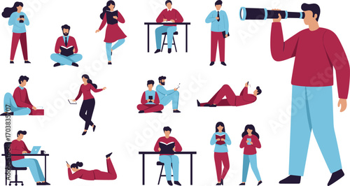 Reading and technology illustration, educational activity, leisure scene, diverse people, books, laptops, phones, writing, vector design, flat style, colorful concept