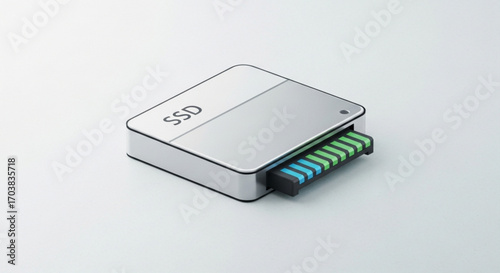 Sleek modern SSD storage device with vibrant blue and green data connection, symbolizing digital information transfer and rapid data access for tech innovation.
