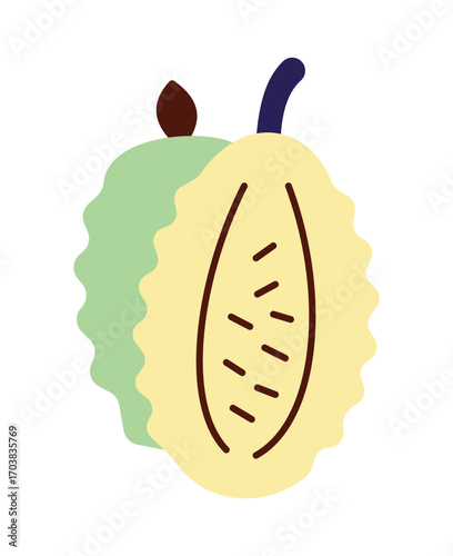 Stylized illustration of an exotic fruit, showing a halved jackfruit.