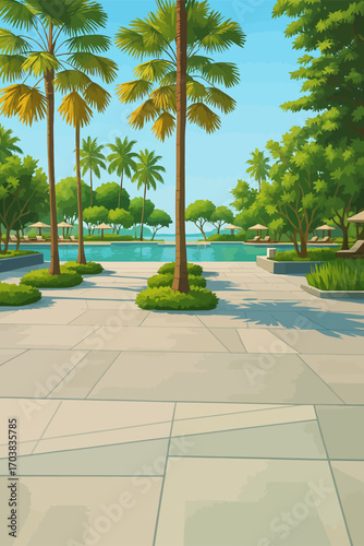 A bright tropical resort scene featuring tall palm trees, lush green plants, and a swimming pool reflecting the clear blue sky. Sun loungers with umbrellas are arranged neatly along the poolside, crea