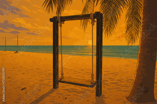 A tranquil beach scene at sunset, featuring a wooden swing tied with ropes to a sturdy frame placed on the sandy shore. Palm tree leaves hang gracefully above, framing the view of the calm ocean and t