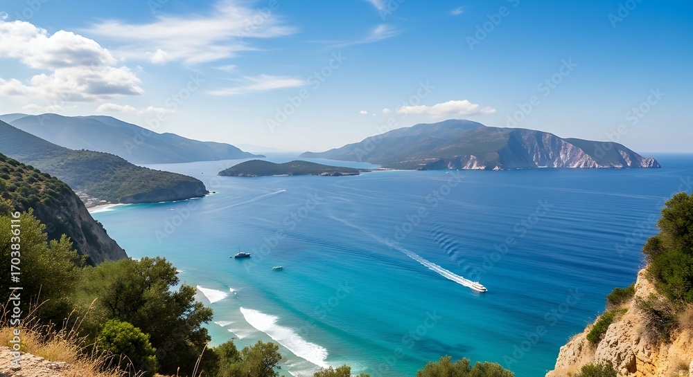 Fototapeta premium Stunning panoramic view of a beautiful bay with turquoise waters and lush green mountains under a clear blue sky.