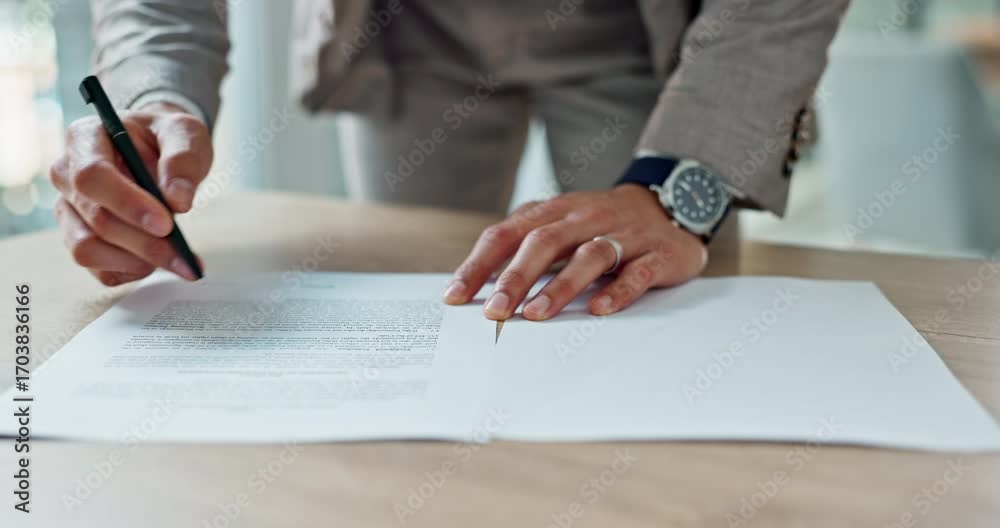 Business, hands and writing signature on contract or legal documents for application or agreement in office. Pen, closeup and person reading paperwork, work policy or form in workplace or company