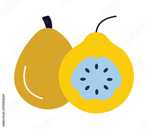 Stylized illustration of a whole and halved exotic fruit, possibly loquat or guava.