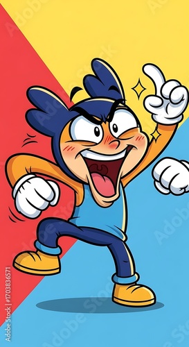 A vibrant cartoon character, in dynamic action, embodies exhilaration and energy against a backdrop of bold geometric shapes.