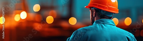 Industrial worker in an orange hard hat and blue uniform facing a blurred, illuminated factory or construction site at night.