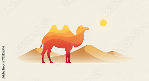 Majestic camel treks across vibrant desert dunes under a blazing sun, embodying resilience and adventure in a stunning minimalist landscape.