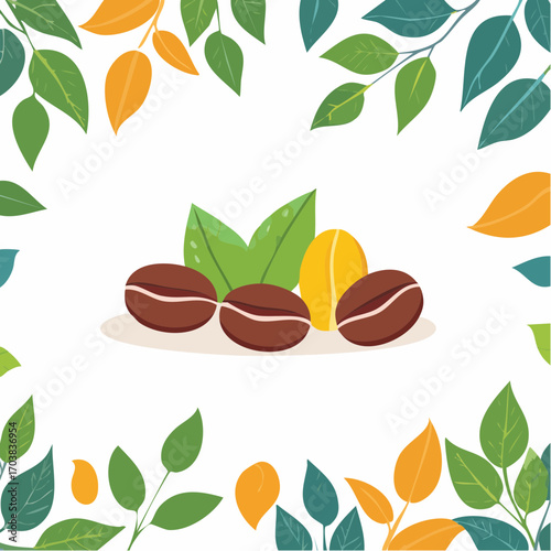 Coffee Beans and Leaves Illustration: A charming graphic depicts coffee beans encircled by lush green leaves, showcasing nature's bounty and the aromatic essence of coffee. 