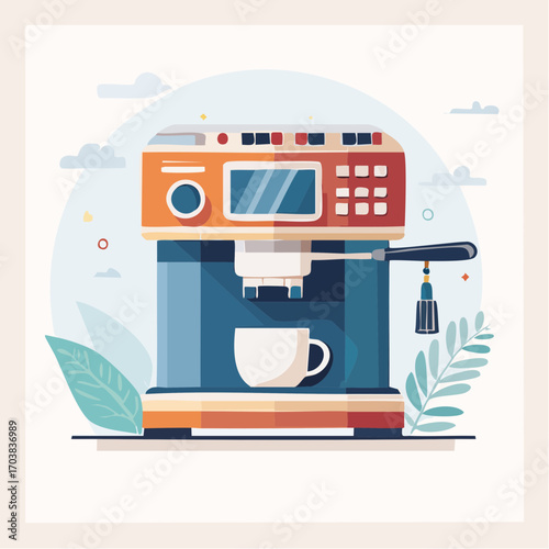 Coffee Machine Illustration: A modern illustration of a state-of-the-art coffee machine, designed with clean lines and a vibrant palette.