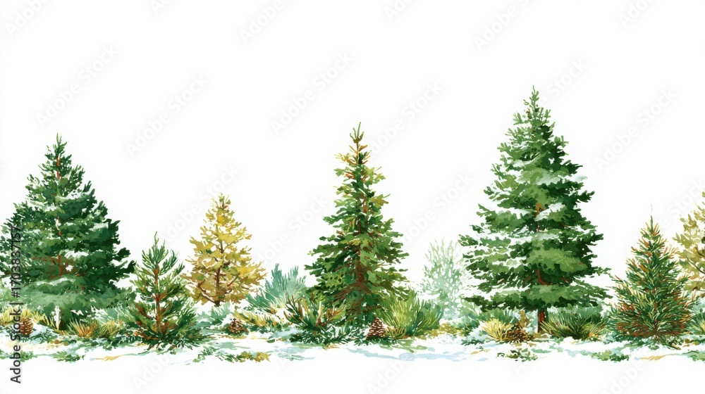 Fototapeta premium A serene winter setting highlights an array of evergreen trees, showcasing their vibrant green and yellow hues against a backdrop of sparkling white snow.