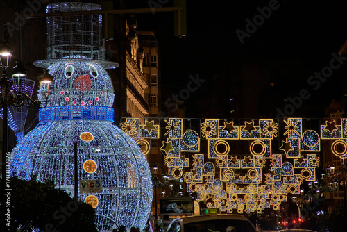 Giant snowman made of dazzling Christmas lights in Vigo at night