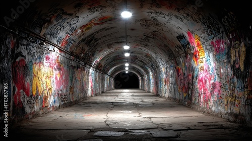 Graffiti-gefüllter Tunnel mit mystischer Atmosphäre und sanfter Beleuchtung in der Nacht