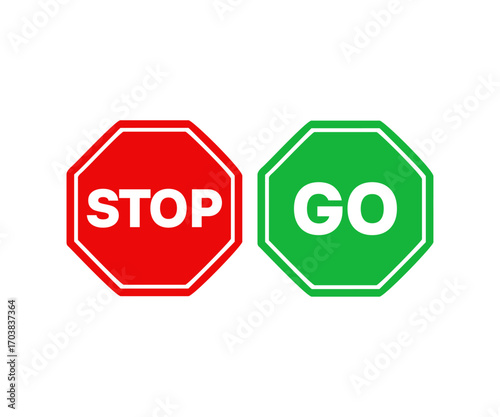 Red stop road sign and Green Go road sign icon. Semaphore sign business concept. Road safety sign board symbols vector design and illustration.

