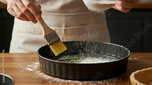 Person Preparing Baking Pan with Brush and Flour in Kitchen