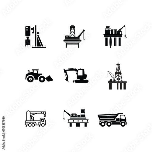 Industrial and Construction Equipment Icons – Black and White Vector Set for Engineering and Infrastructure Projects