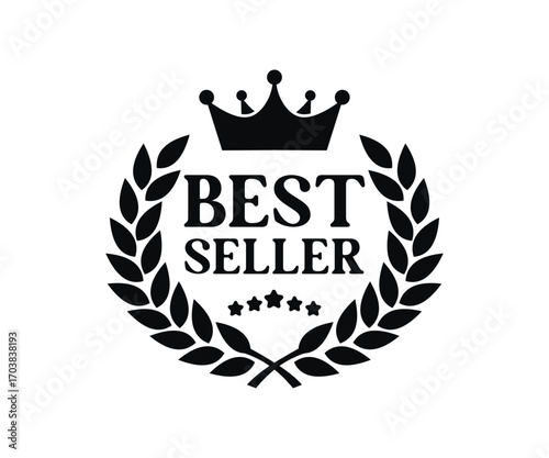Best seller badge with laurel wreath. Bestseller icon design. Best seller badge. Best selling award icon with crown and stars vector design and illustration.

