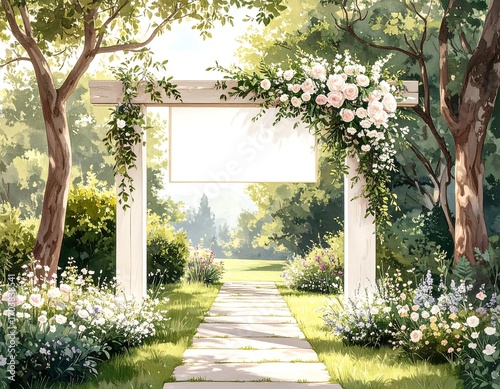 A sunlit garden path leads to a white archway adorned with flowers