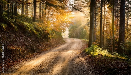 Dusty Dirt Road Winding Through A Forest Offers A Glimpse Of Nature S Tranquility In Autumn Light