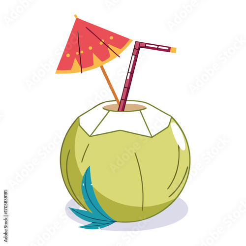 Tropical coconut drink with umbrella and straw beverage summer