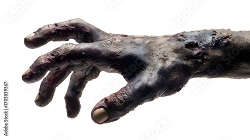 Zombie hand with decaying skin, isolated on white background, cut out PNG with transparent background