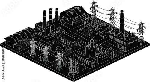 Isometric industrial complex with factories, plants, and power lines