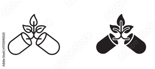Herb eco capsule Icons in solid and liner versions.
