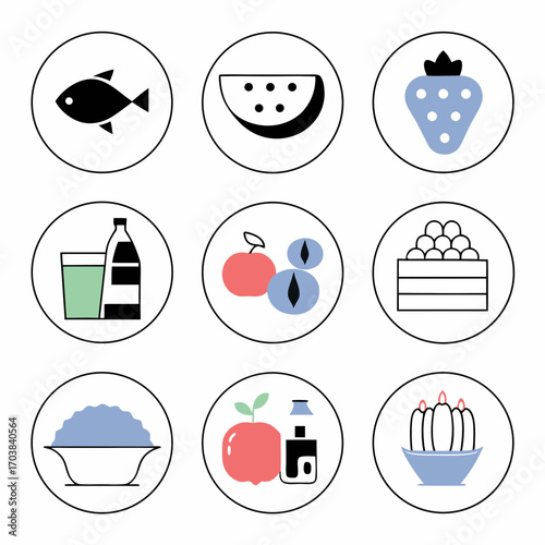 Assortment of food icons in circles including fish, watermelon, strawberry, apple, and other food items on transparent background silhouette